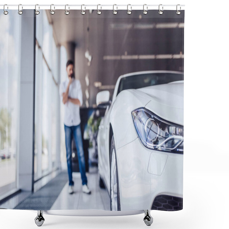 Personality  Front View Of White Car In Dealership Salon With Pensive Man On The Background, Blurred Shot Shower Curtains