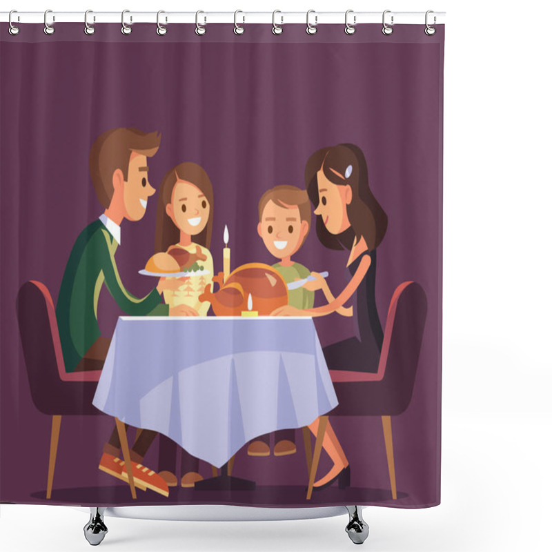 Personality  Christmas Thanksgiving Family Evening Dinner Celebration. Family Eating Together And Has Making Conversation Sitting Around The Table With Festive Holiday Homemade Meal. Family Union. Shower Curtains