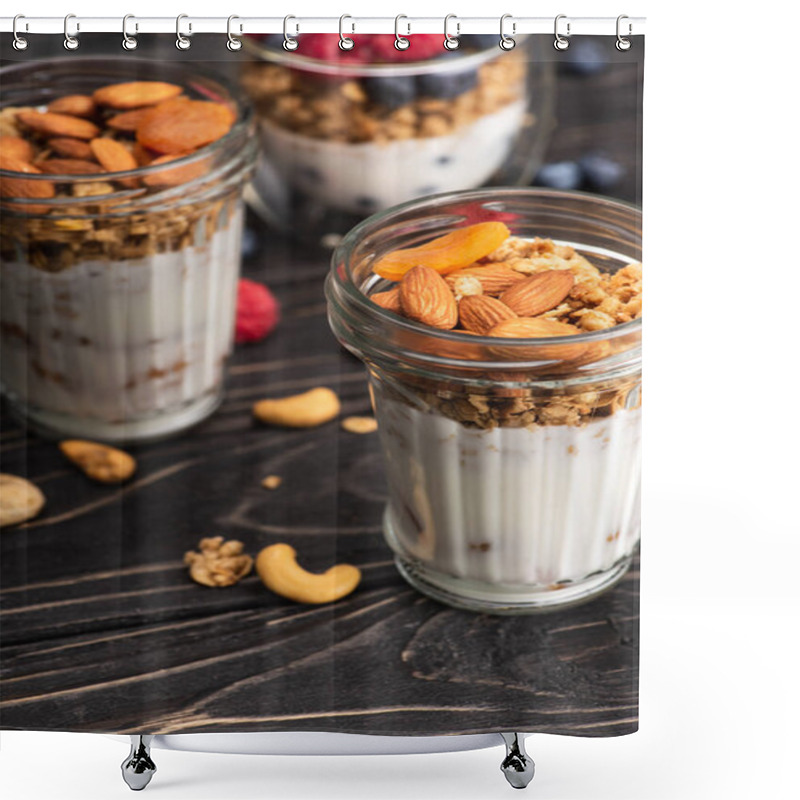 Personality  Delicious Granola With Dried Apricots, Nuts And Yogurt In Glass Cup On Blurred Background Shower Curtains