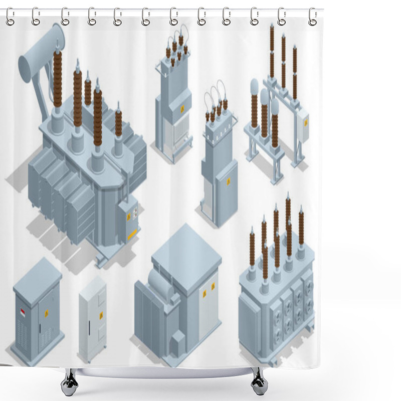 Personality  Isometric Transformer . Electric Energy Factory Distribution Chain. Isolated Set Icon Energy Substation. High-Voltage Power Station Shower Curtains