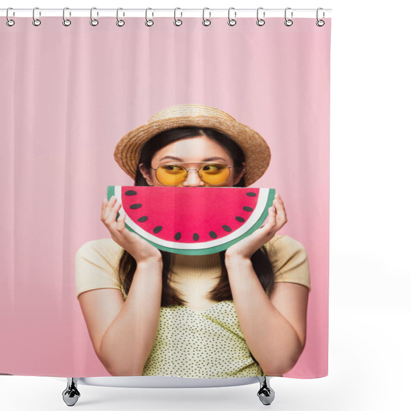 Personality  Asian Woman In Sunglasses And Straw Hat Covering Face With Paper Watermelon And Looking Away Isolated On Pink  Shower Curtains