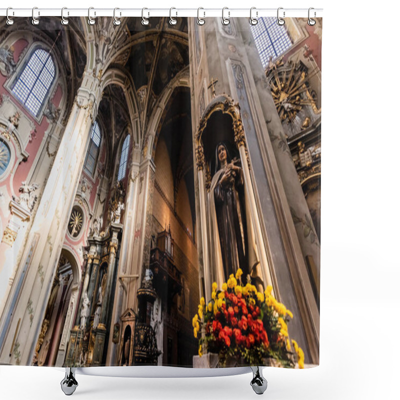 Personality  LVIV, UKRAINE - OCTOBER 23, 2019: Interior Of Lviv Latin Cathedral With Yellow Flowers Near Female Sculpture  Shower Curtains