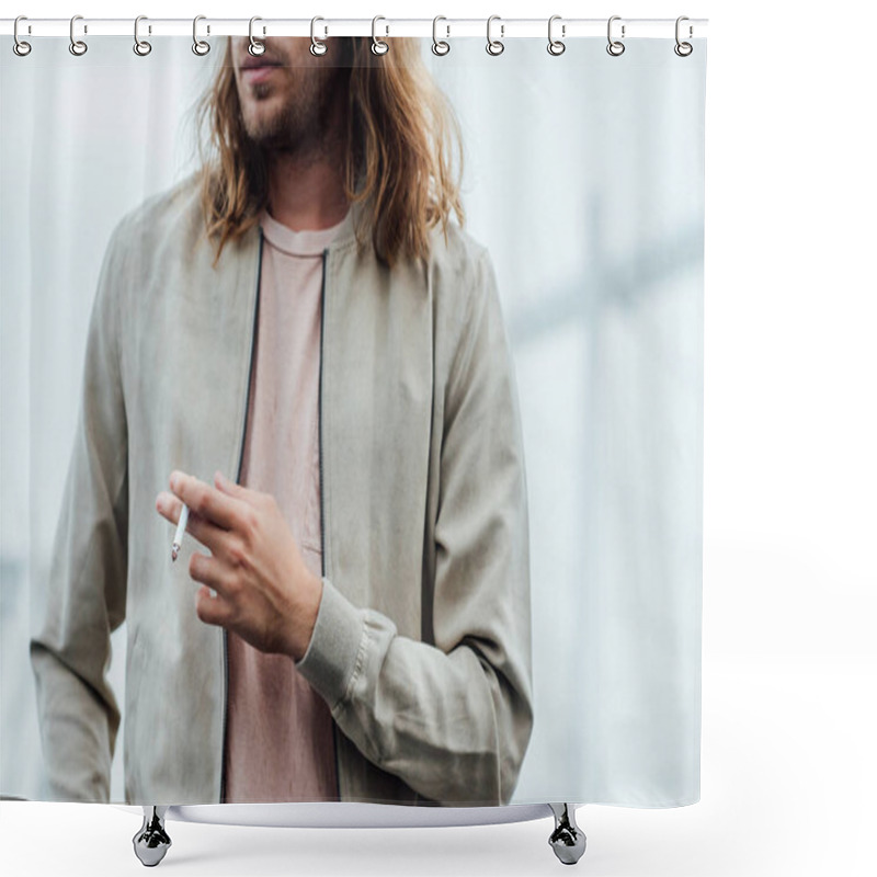 Personality  Cropped Shot Of Young Man Smoking Cigarette On Street On Cloudy Day Shower Curtains