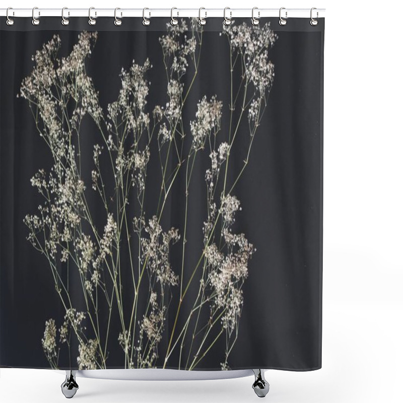 Personality  Flat Lay Of Dried Baby's Breath (gypsophilia) Flowers Placed On A Black Table Surface. Simple, Minimalistic Feel Of Black And Off White Colors, Suitable For Backgrounds. Spread Out Branches Going Upward Shower Curtains