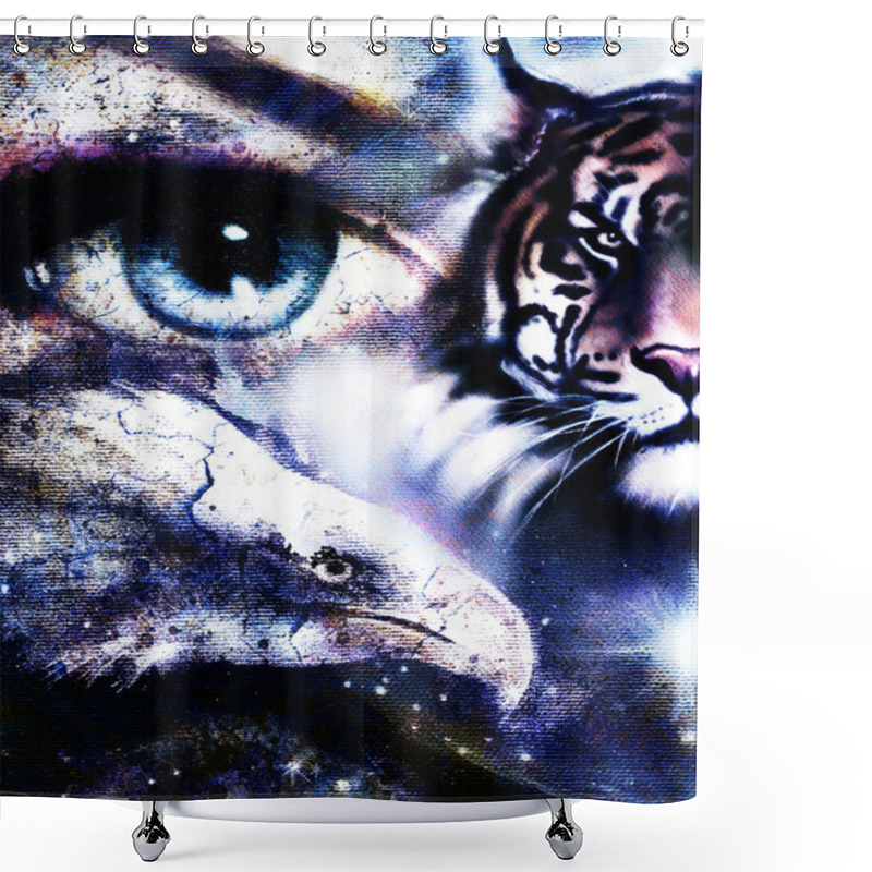 Personality  Painting Eagles And Tiger With Woman Eyes On Abstract Background In Space With Stars. Wings To Fly. Shower Curtains