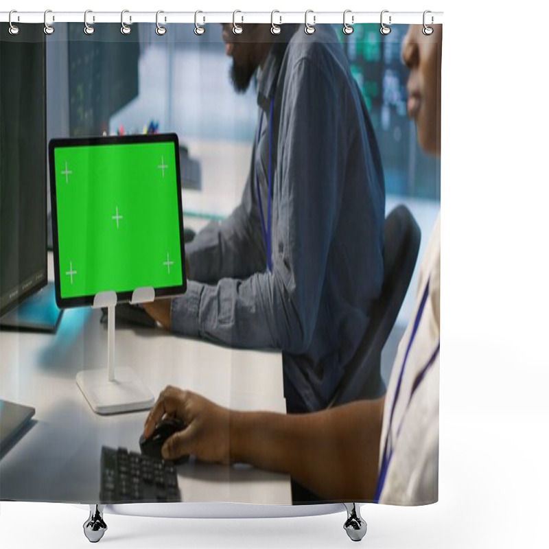 Personality  Close Up Of Green Tablet In Server Room Used By System Administrators To Ensure Minimal Downtime. Data Center Software Developers Looking At Chroma Key Device, Monitoring Performance, Camera A Shower Curtains