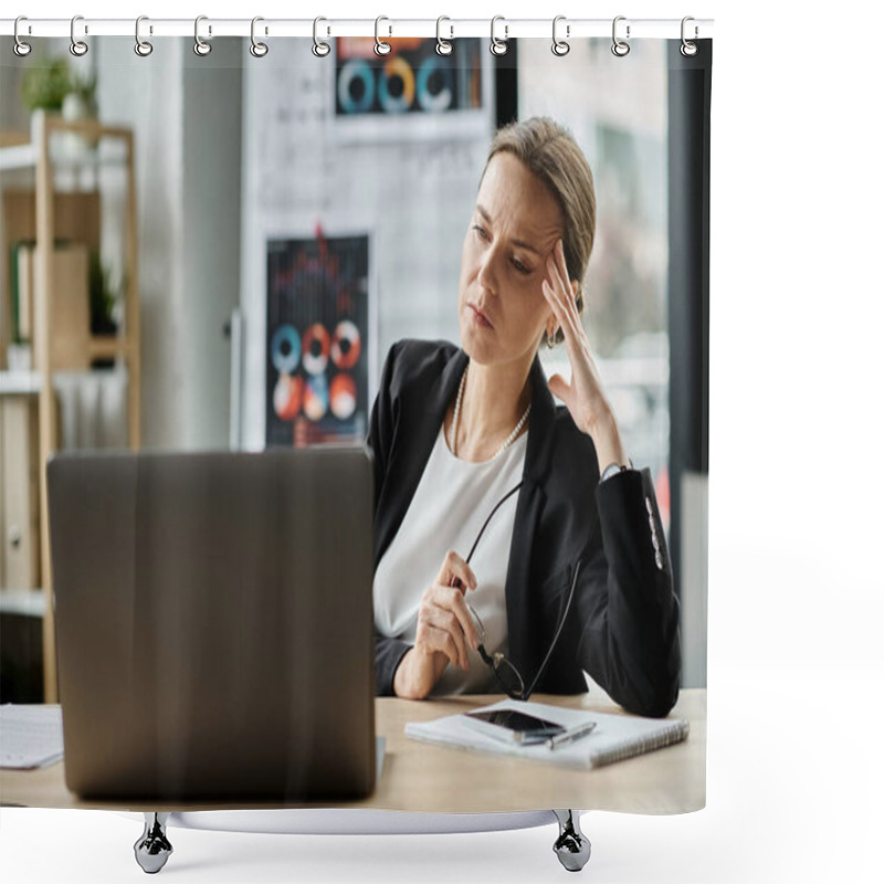 Personality  Stressed Woman In Crisis Working With Laptop At Desk. Shower Curtains