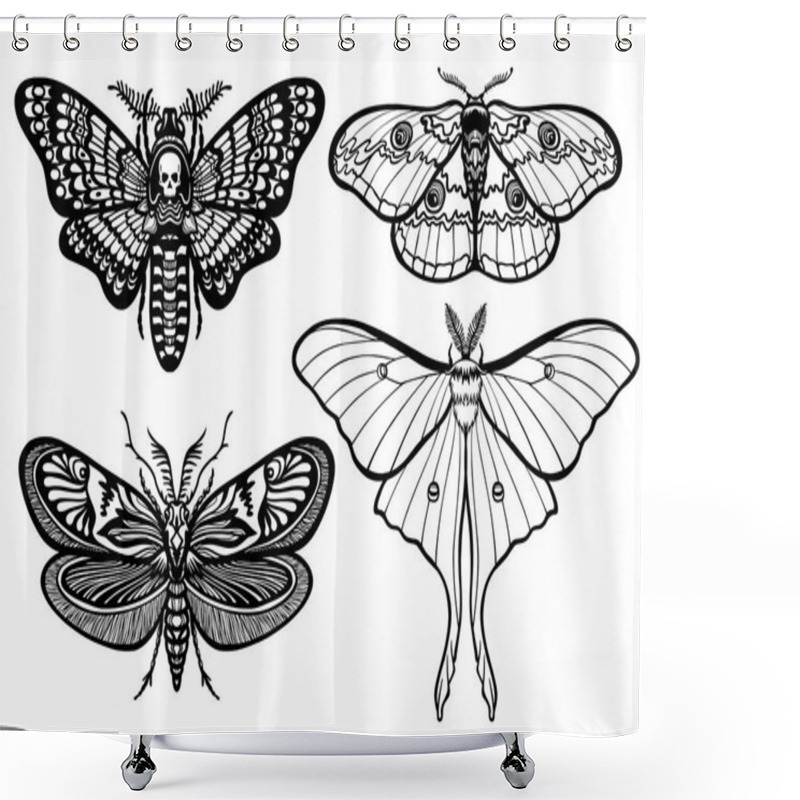 Personality  Set Of Decorative Butterflies. Monochrome Drawing Isolated. Vector Illustration. Print, Posters, T-shirt, Textiles. Shower Curtains