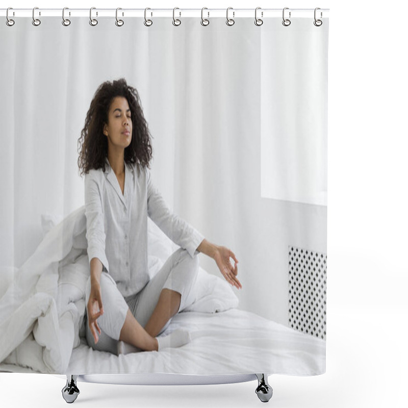 Personality  Mindful Healthy Afro American Woman Sit In Pajamas On Bed, Practicing Meditation At Home. Serene Female Spend Morning In Bedroom, Doing Yoga Practice In Lotus Pose. Mental Balance, Stress Free Weekend Shower Curtains