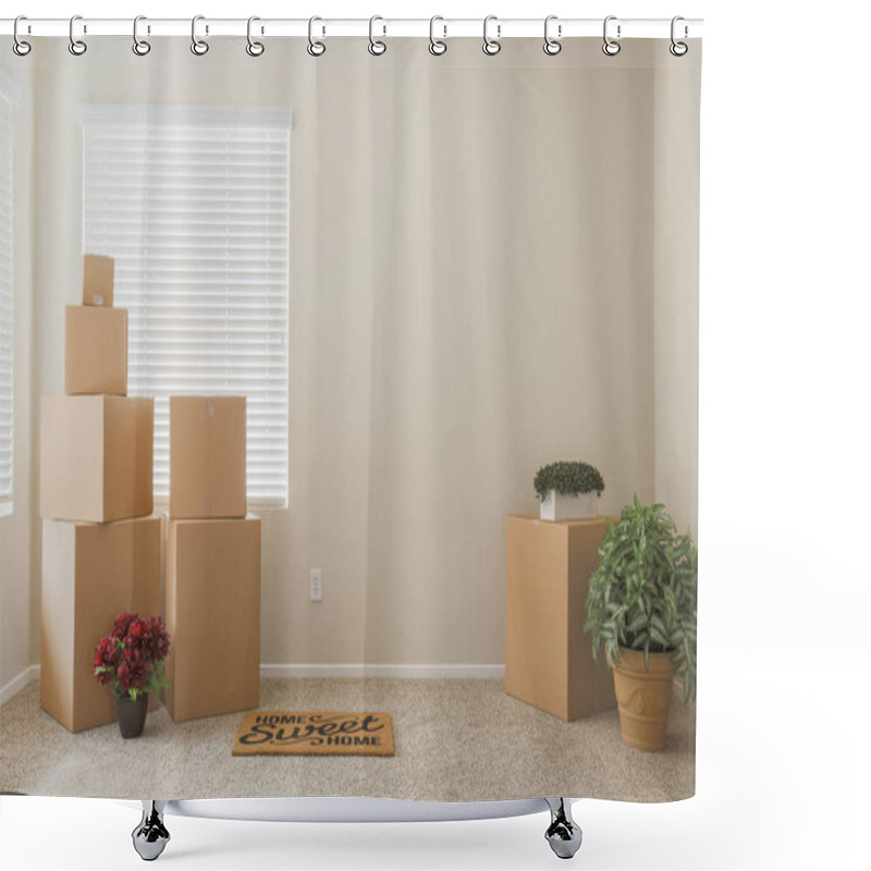 Personality  Variety Of Packed Moving Boxes In Empty Room Shower Curtains