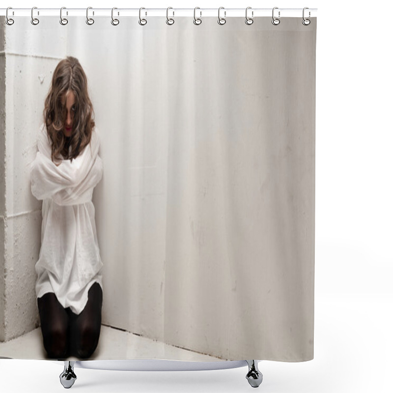 Personality  Young Insane Woman With Straitjacket On Knees Looking At Camera Shower Curtains