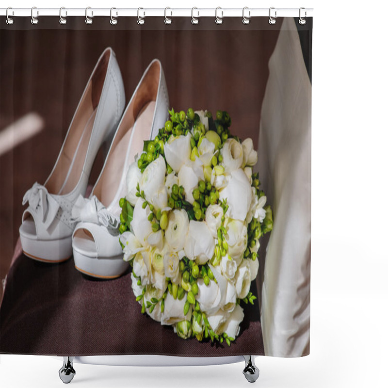 Personality  White Bridal Bouquet And White Shoes On The Brown Chair Shower Curtains