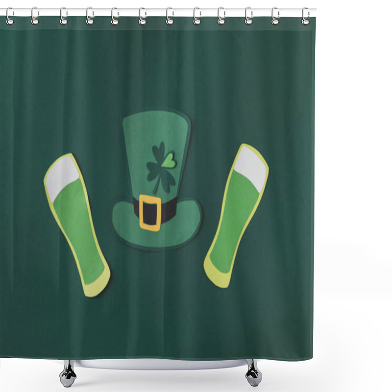 Personality  Top View Of Paper Decoration Of Green Hat And Beer For St Patricks Day Isolated On Green Shower Curtains