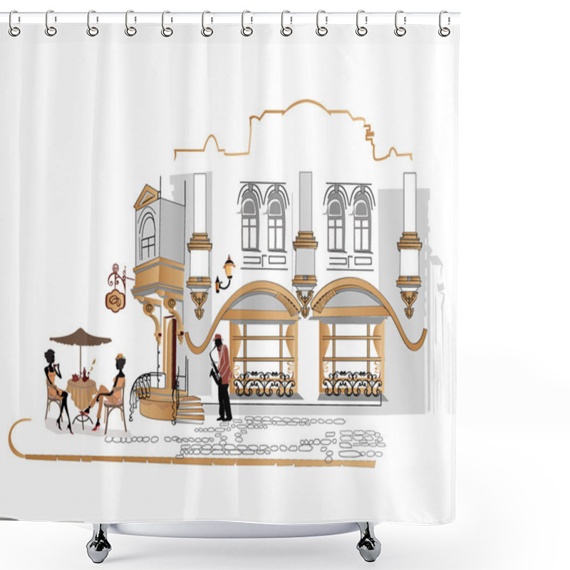 Personality  Series Of Street Cafes In Old City With Drinking Coffee Shower Curtains