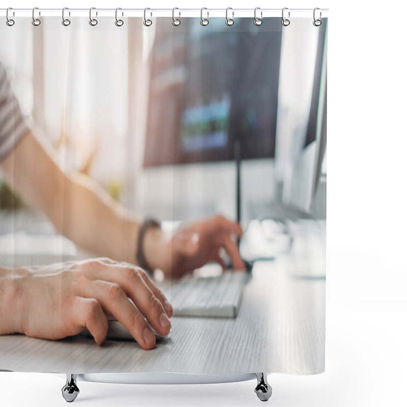 Personality  Cropped View Of Art Editor Typing On Computer Keyboard  Shower Curtains