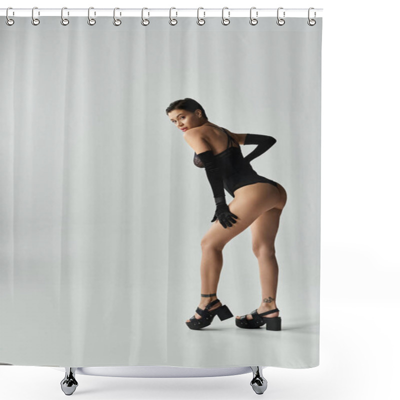 Personality  A Young Woman In Black Lingerie And Gloves Poses Confidently In Front Of A White Backdrop. Shower Curtains