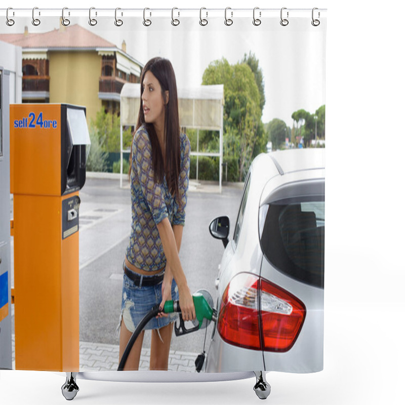 Personality  Happy Woman Pumping Gas In Car Shower Curtains