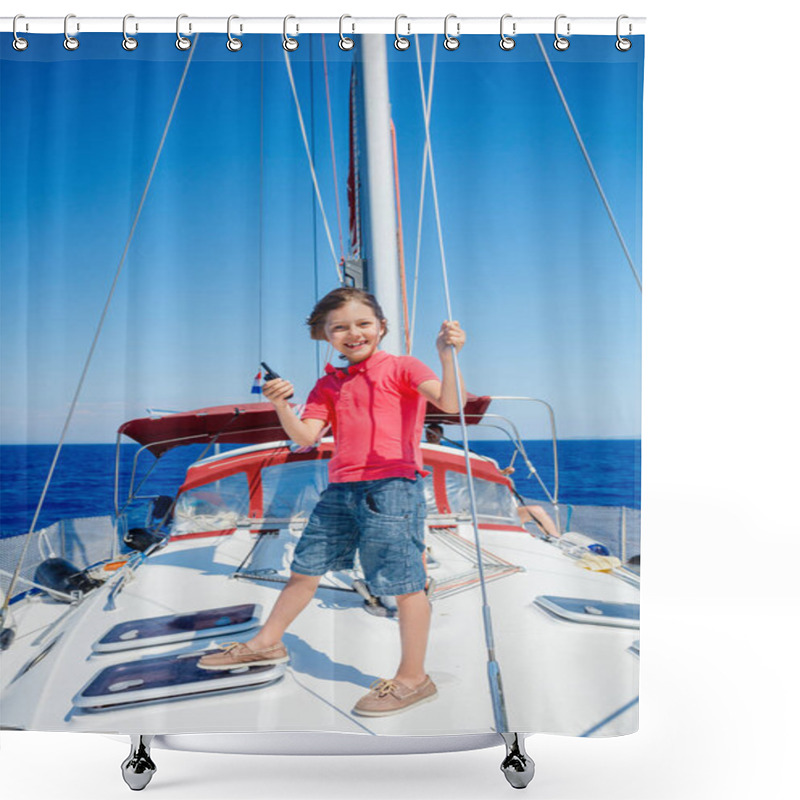 Personality  Little Boy On Board Of Sailing Yacht On Summer Cruise. Travel Adventure, Yachting With Child On Family Vacation. Shower Curtains