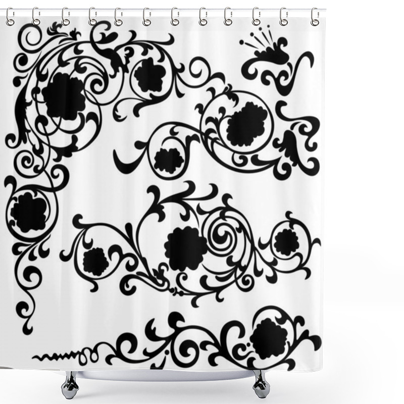 Personality  Set Floral Swirling Pattern, Silhouette Black  Shower Curtains