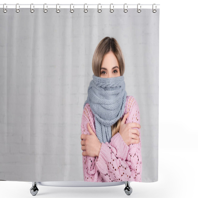 Personality  Woman In Warm Scarf And Sweater Suffering From Cold On White Background Shower Curtains