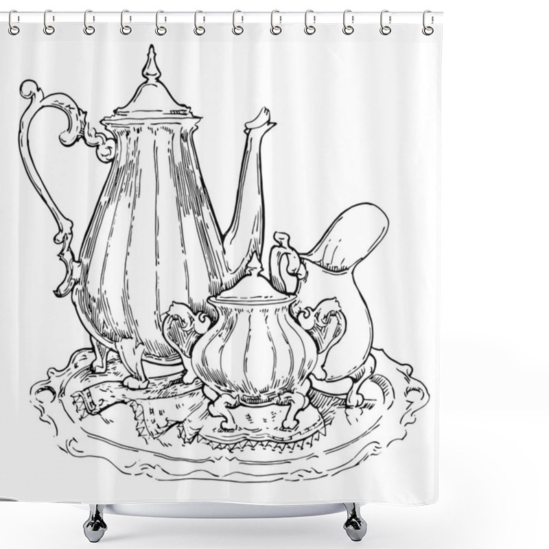 Personality  Hand Made Sketch Of Tea Sets. Vector Illustration. Shower Curtains