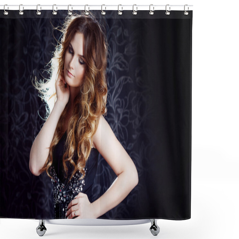 Personality  beautiful girl  with long brown curled hair, dark background shower curtains