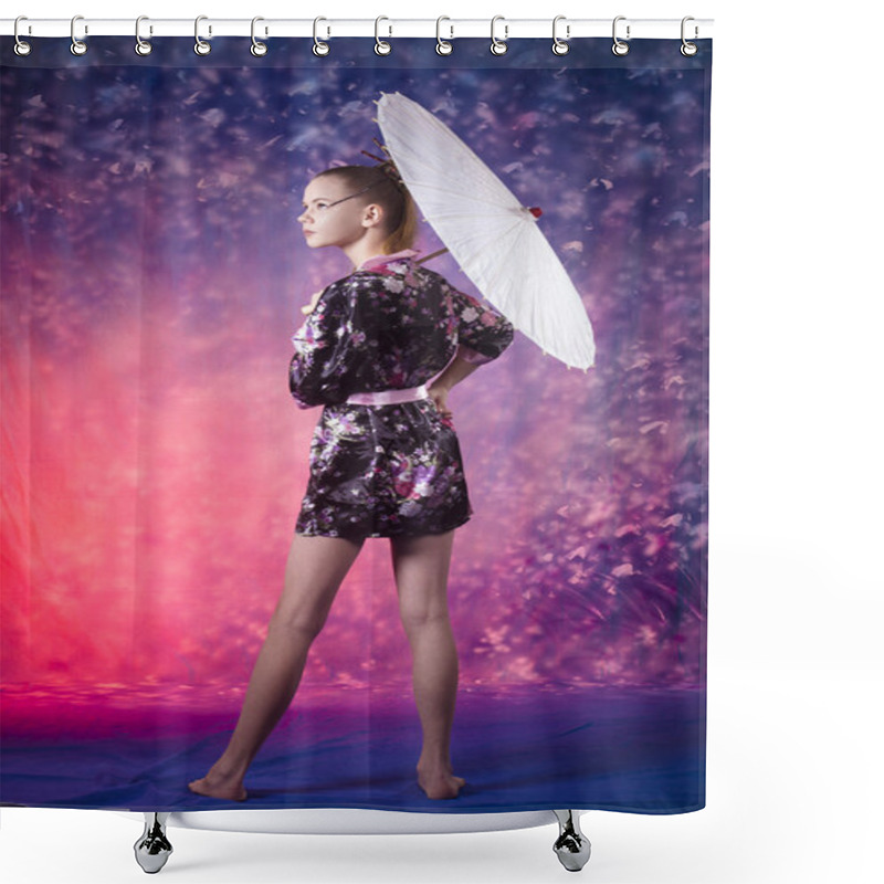 Personality  Young Teenage Girl In Floral Kimono In Studio Shower Curtains