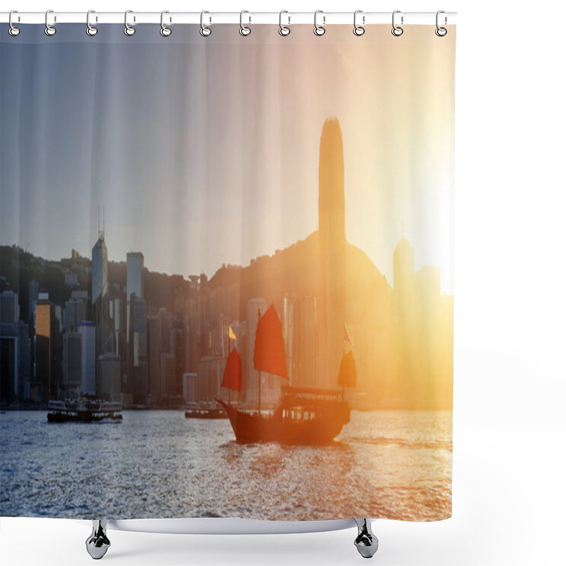 Personality  Traditional Chinese Sailing Ship With Red Sails, Victoria Harbor Shower Curtains