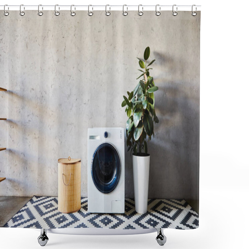 Personality  Laundry Basket Near Washing Machine, Green Plant And Ornamental Carpet In Modern Bathroom  Shower Curtains