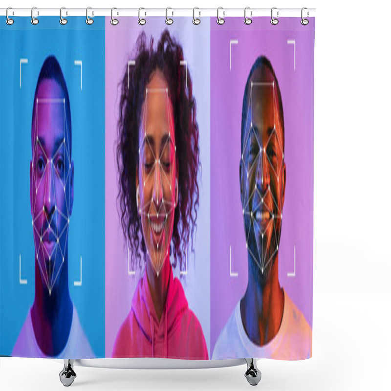 Personality  Three Individuals Demonstrate Facial Recognition Technology Against Vibrant Backgrounds, Each Showcasing Unique Expressions That Highlight The Techs Capabilities In An Engaging Way. Shower Curtains