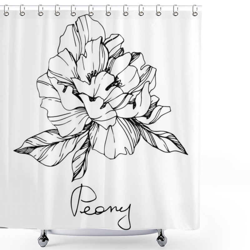 Personality  Vector Isolated Monochrome Peony Flower Sketch And Handwritten Lettering On White Background. Engraved Ink Art.  Shower Curtains