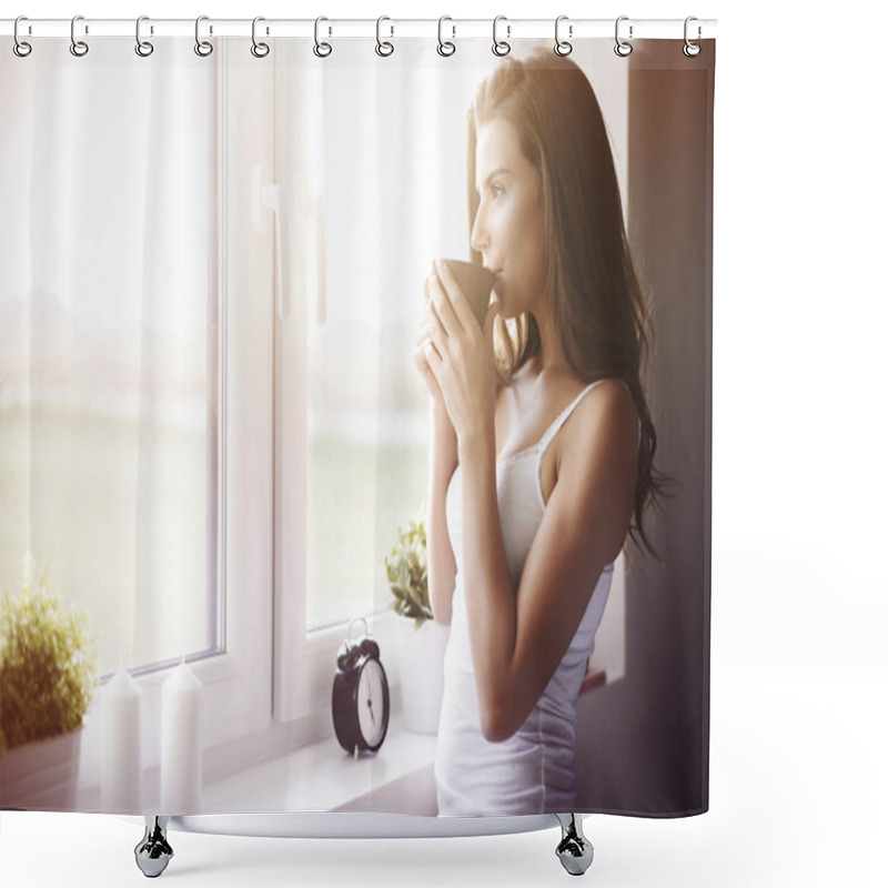 Personality  Young Woman Drinking Coffee Shower Curtains