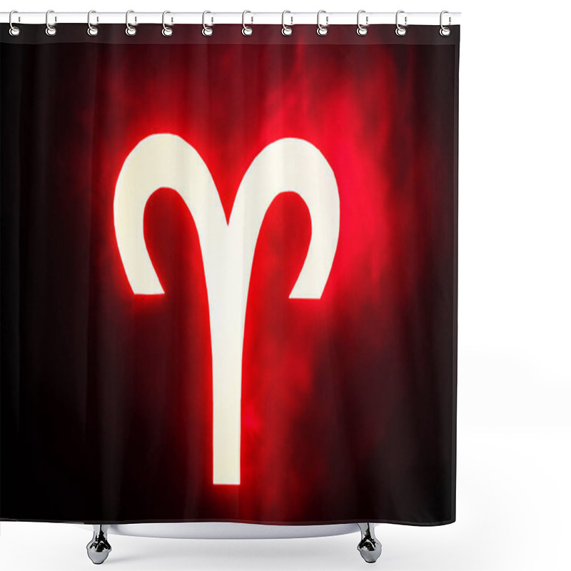 Personality  Red Illuminated Aries Zodiac Sign With Smoke On Background Shower Curtains