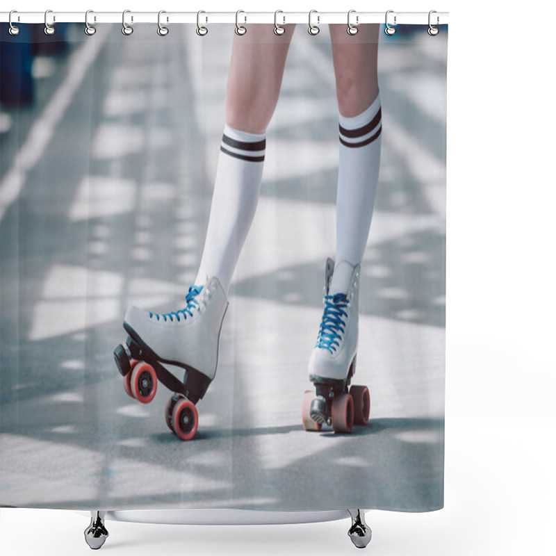 Personality  Partial View Of Woman In White High Socks With Black Stripes And Retro Roller Skates Shower Curtains