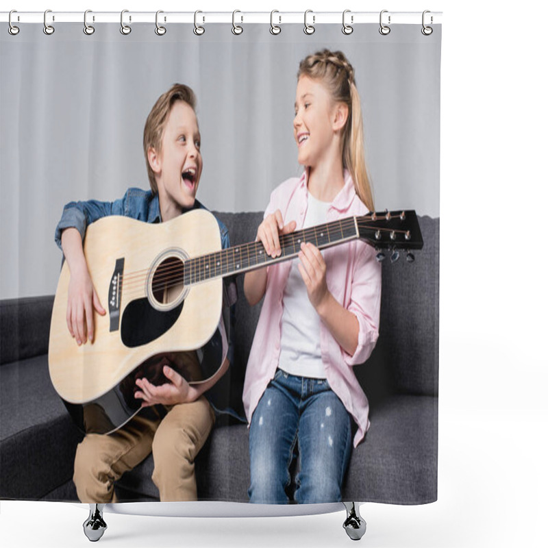 Personality  Siblings Playing On Guitar Together Shower Curtains