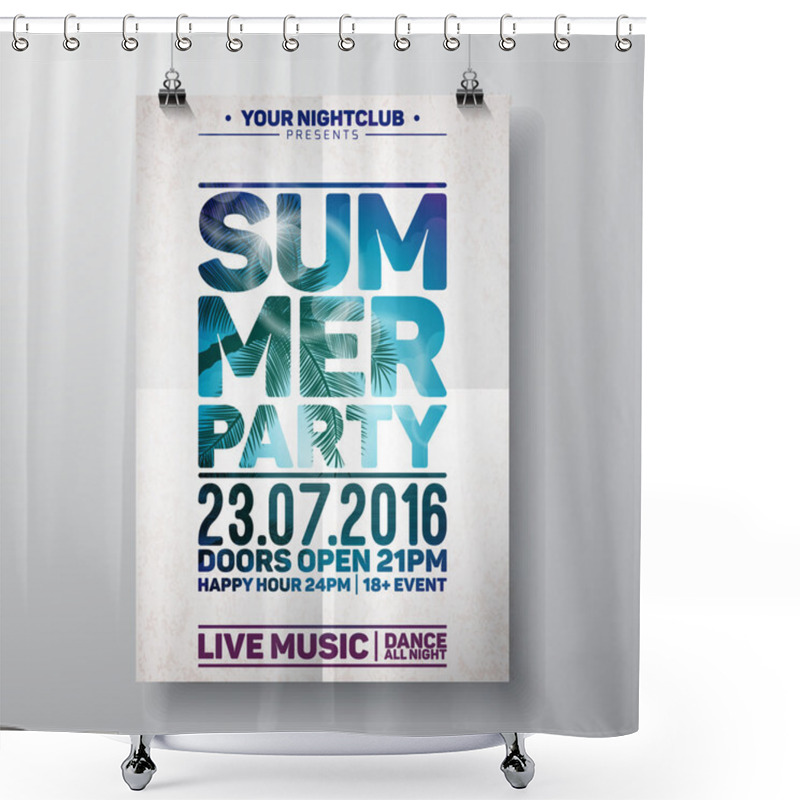 Personality  Vector Summer Beach Party Flyer Design With Typographic Elements On Ocean Landscape Background. Shower Curtains