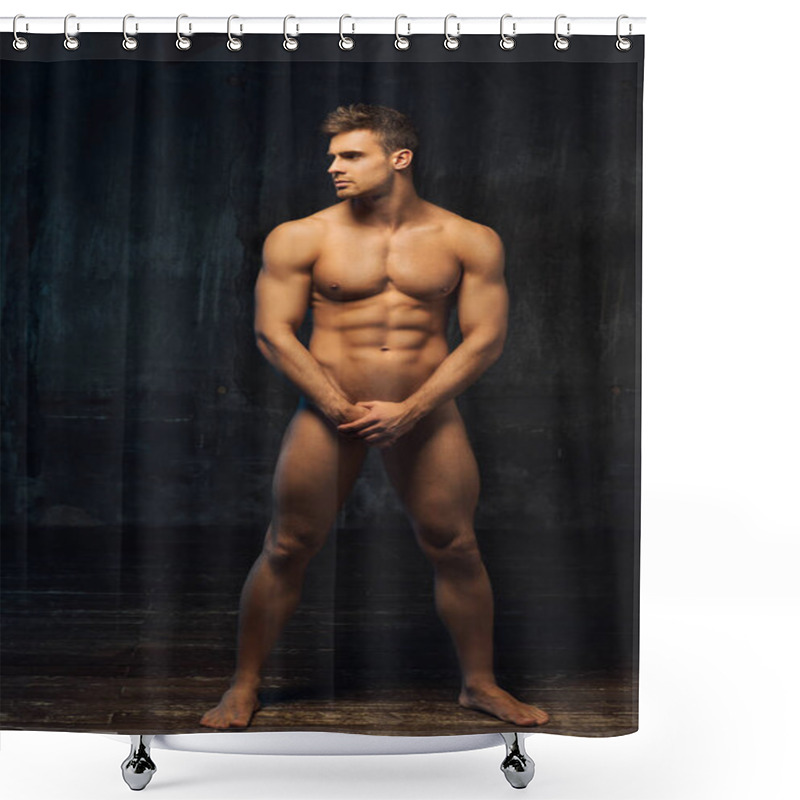 Personality  Full Length Portrait Of Naked Man Standing Sideways. Muscled Male Body At Dark Background. Handsome Nude Hunk Covering Himself With Hands. Shower Curtains