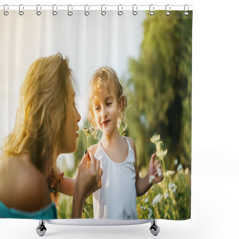 Personality  Mother Sniffing Field Flowers, Smiling Daughter Looking At Mom Shower Curtains