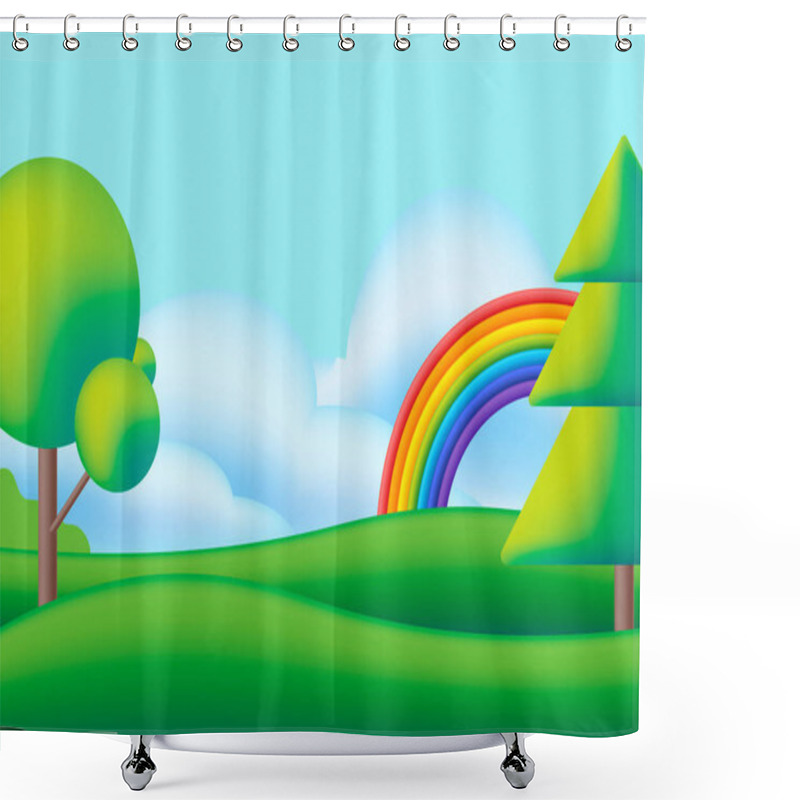 Personality  Cute Scape With Rainbow, Trees And Green Meadow. Vector Flat Illustration. Funny Dream. Kids Background With Rainbow, Bright Sky, Green Valley And Trees. Cartoon Style For Nursery. Shower Curtains