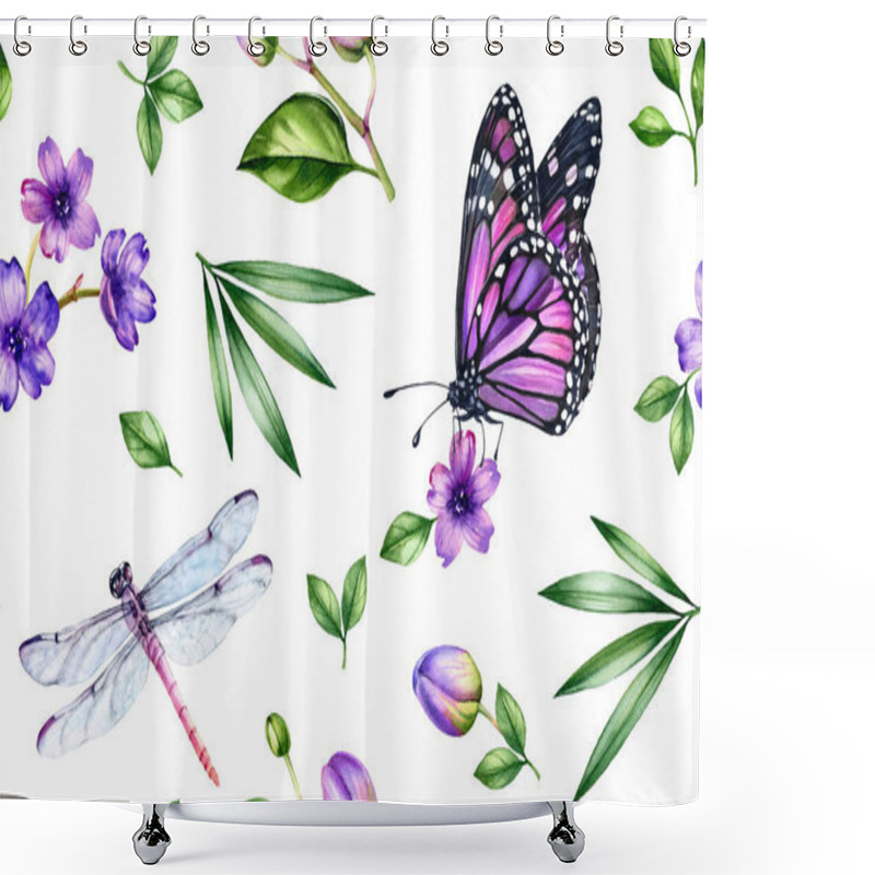 Personality  Watercolor Tropical Seamless Pattern. Purple Orchid Flowers And Palm Leaves, Butterflies, Dragonflies On White. Botanical Hand Drawn Floral Background For Surface, Textile, Wallpaper Design Shower Curtains