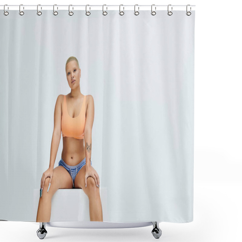 Personality  A Young Bald Woman Confidently Poses In Bright Clothing, Exuding Boldness And Style. Shower Curtains