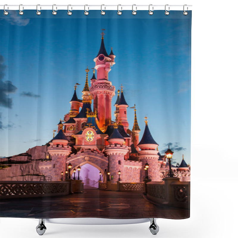 Personality  Disneyland Paris Castle Illuminated At Sunset. Shower Curtains