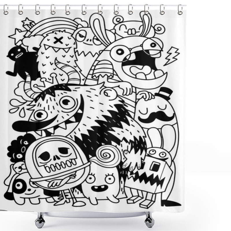 Personality  Cute Scary Halloween Monsters And Candy ,Set Of Funny Cute Monsters, Aliens Or Fantasy Animals For Children Coloring Books Or T-shirts. Hand Drawn Line Art Cartoon Vector Illustration Shower Curtains