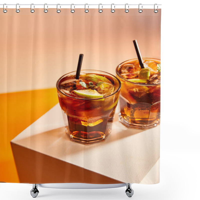 Personality  High Angle View Of Cocktails Cuba Libre In Glasses With Straws On Cube   Shower Curtains