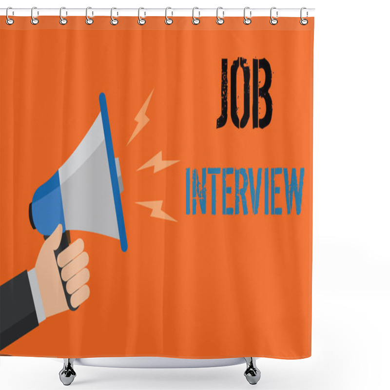 Personality  Conceptual Hand Writing Showing Job Interview. Business Photo Text Assessment Questions Answers Hiring Employment Panel Man Holding Loudspeaker Orange Background Message Speaking Loud. Shower Curtains