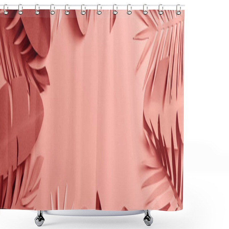 Personality  Top View Of Exotic Paper Cut Palm Leaves On Pink Background With Copy Space, Panoramic Shot Shower Curtains