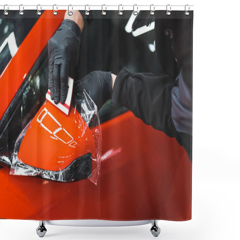 Personality  The Process Of Installing PPF On The Side Mirror Of A Red Sports Car. Protective Film For Paint Protecting Scratches And Gravel. High Quality Photo Shower Curtains