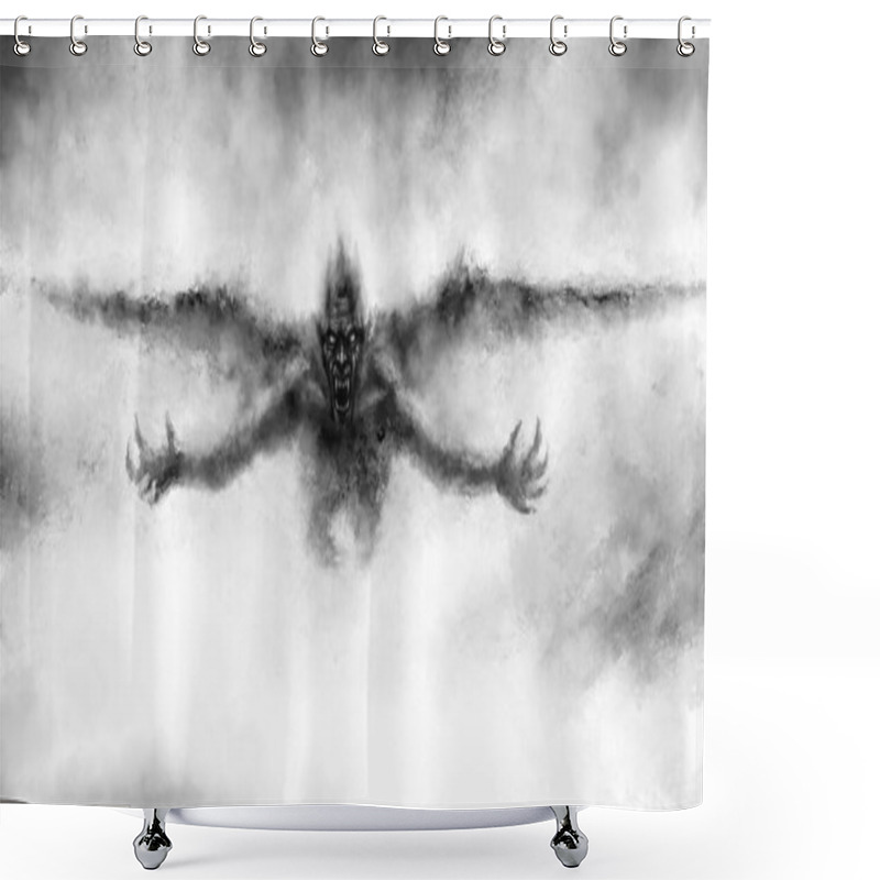 Personality  Illustration Of Scary Flying Vampire With Wings. Fantasy Drawing For Creepy Halloween. Black And White Horror Genre Picture. Spooky Face Of Beast From Nightmares. Grunge, Coal And Noise Effects. Shower Curtains