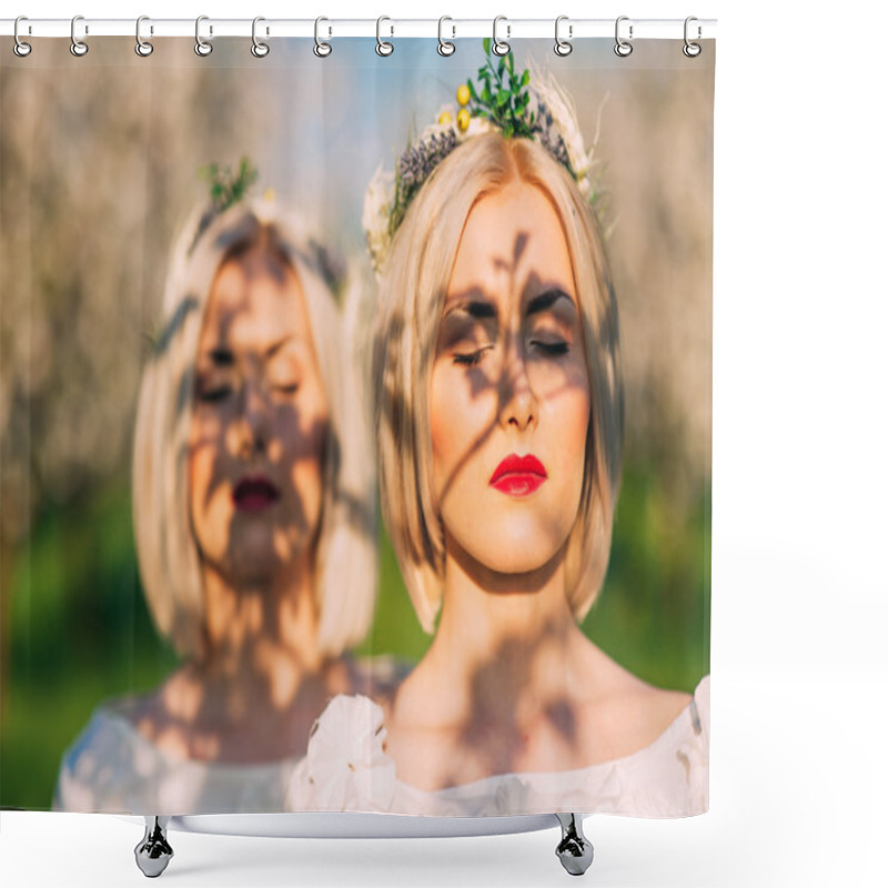 Personality  Two Twin Sisters In A Cherry Blossom Shower Curtains