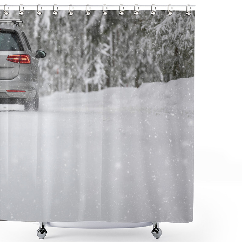 Personality  Car On A Snowy Winter Road Amid Forests Shower Curtains